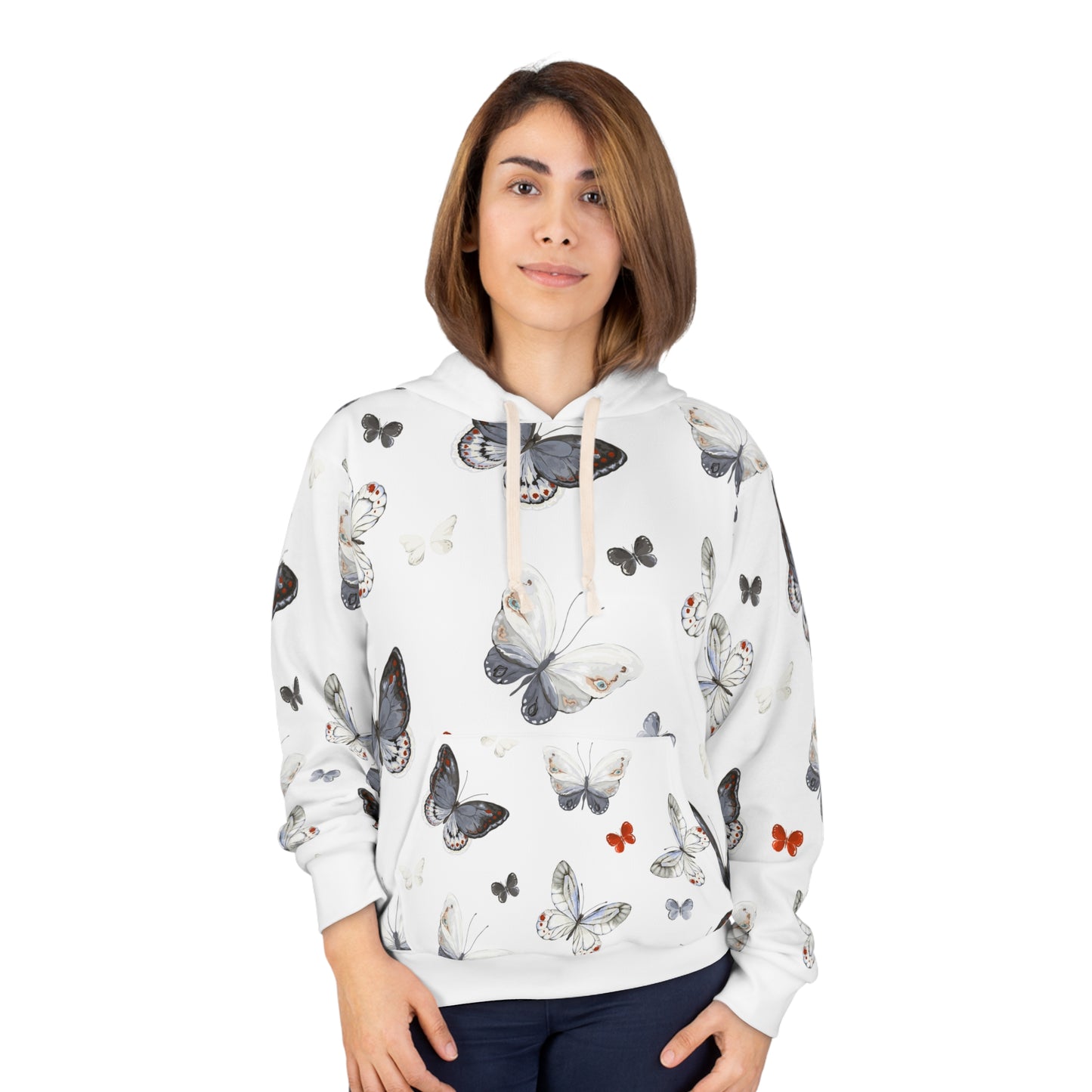 Butterfly Print Hoodie — White All-Over Floral Butterflies Pullover©