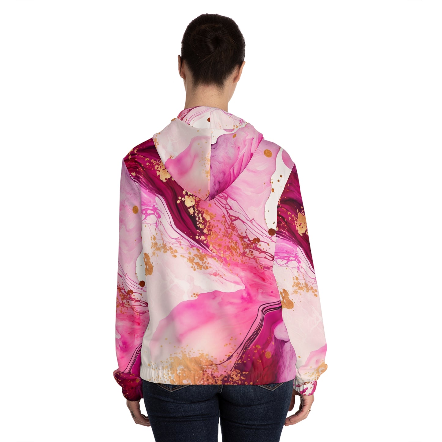 Pink Marble Zip Hoodie – Abstract Gold Splash Women’s Full-Zip Jacket