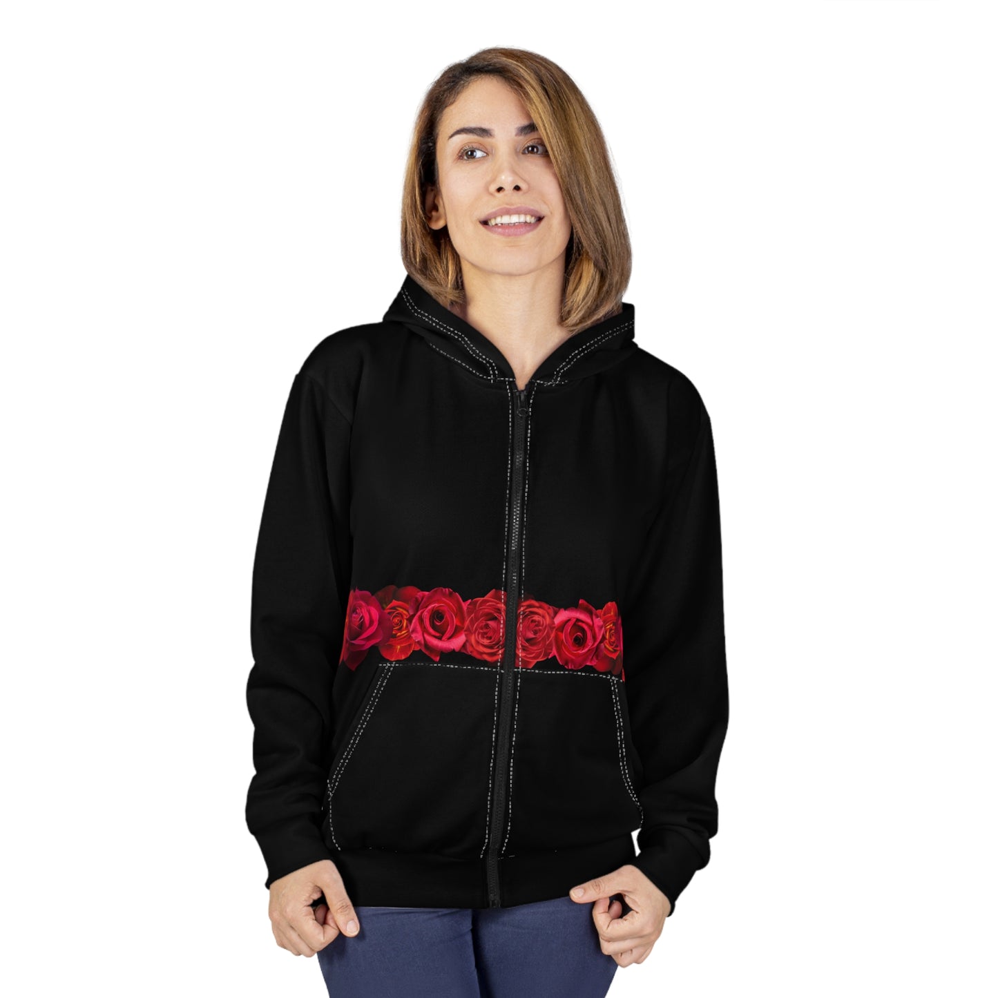 Black Zip Hoodie with Red Rose Band — Floral Zip-Up Hoodie©