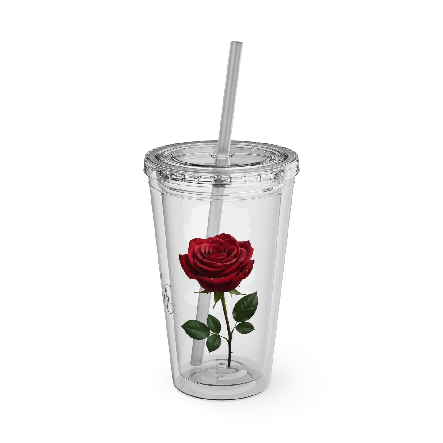 Rose-Print 16oz Tumbler with Straw — "Mon Amour" Clear Cup for Mom, Valentine's Gift