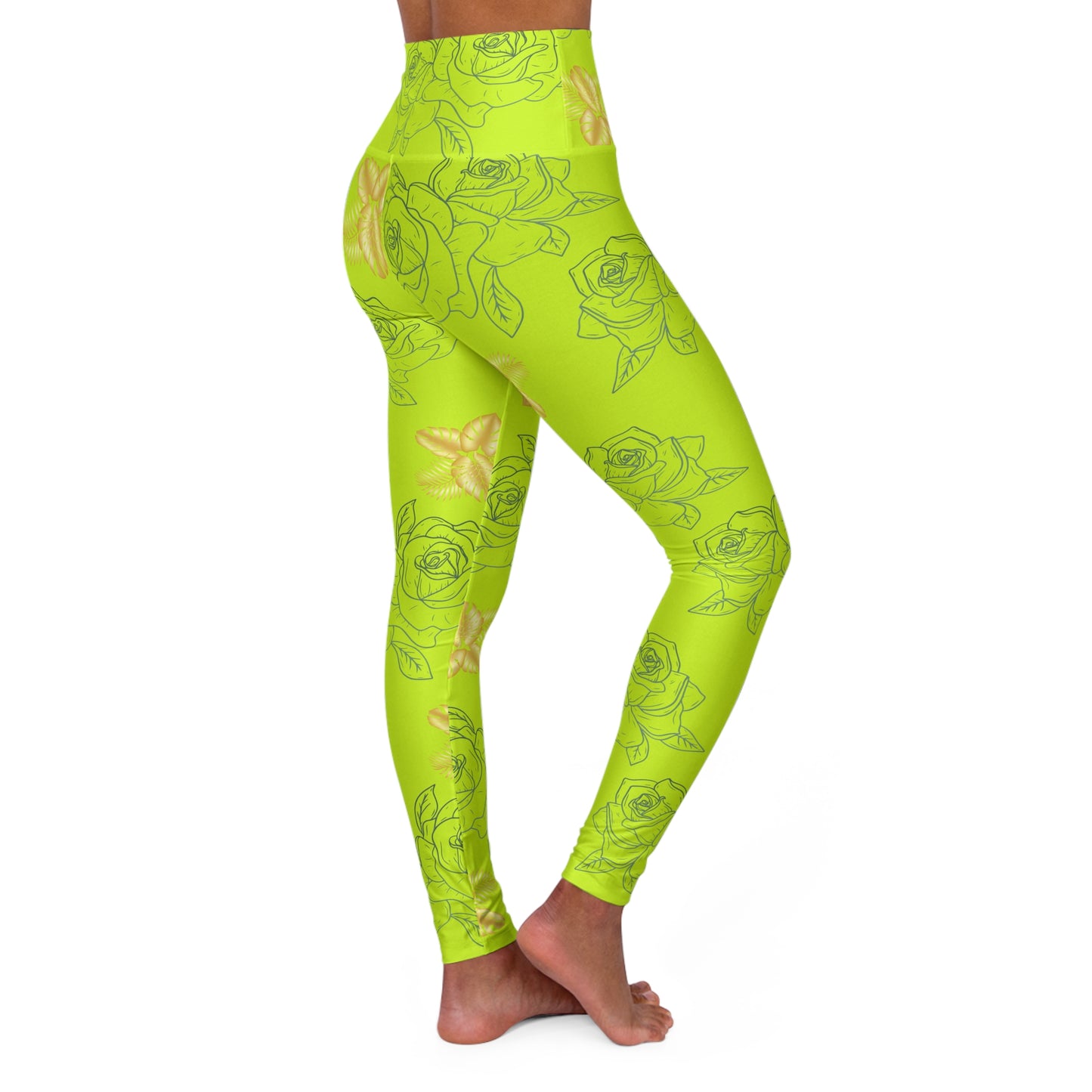 Neon Green Rose High-Waist Yoga Leggings — Floral All-Over Print©