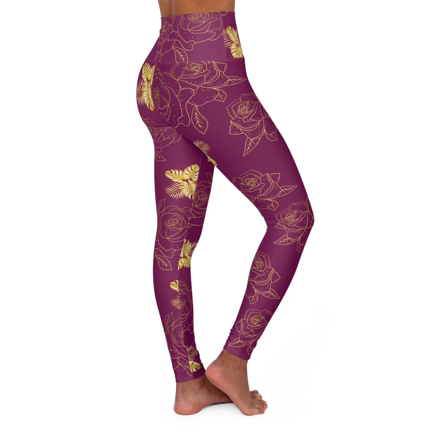 High-Waist Floral Yoga Leggings — Burgundy with Gold Rose & Butterfly Print©