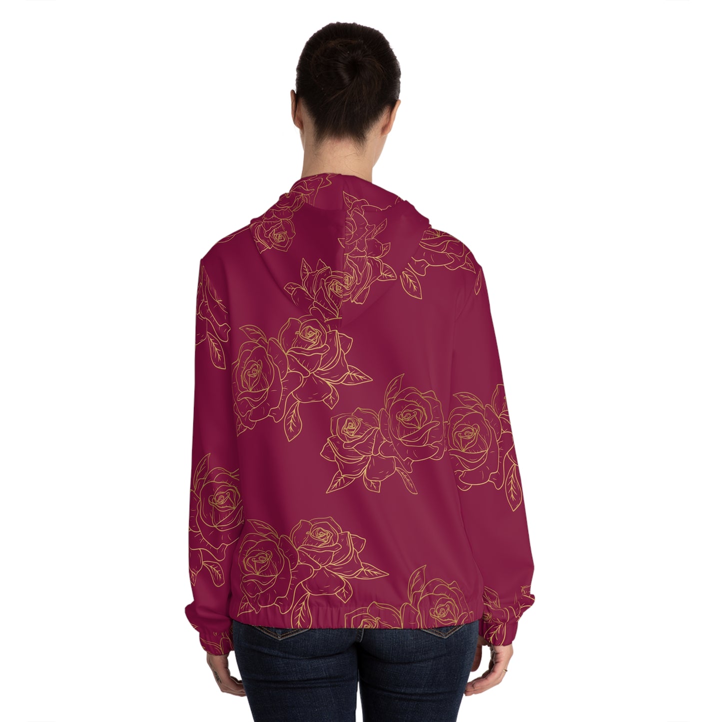 Women’s Rose Zip Hoodie – Burgundy Floral All-Over Print©