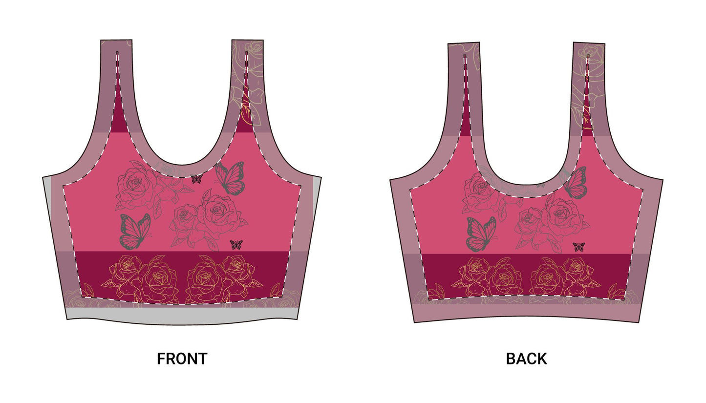 Floral Butterfly Crop Sports Bra — Pink All-Over-Print Activewear©