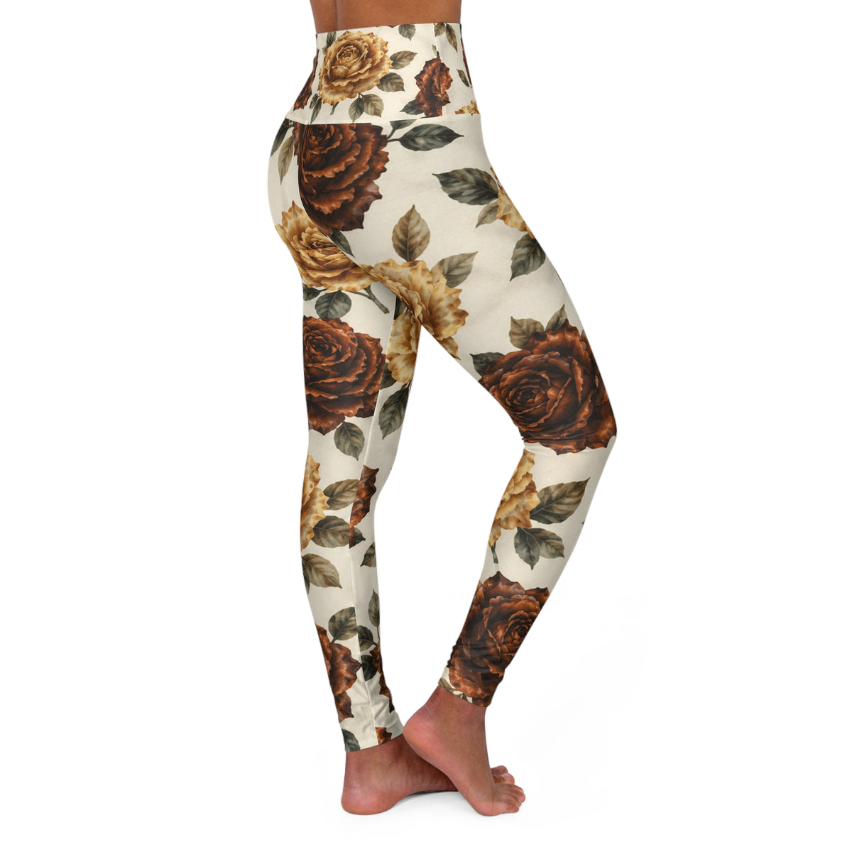 High-Waist Floral Yoga Leggings — Vintage Brown Rose Print©