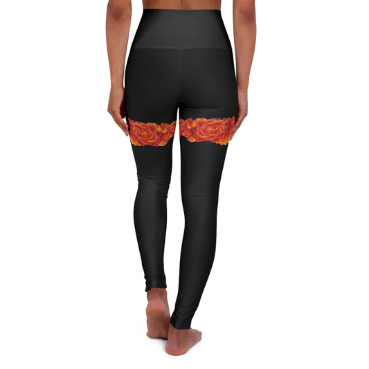 Black High-Waist Yoga Leggings with Orange Rose Thigh Band — Floral Activewear