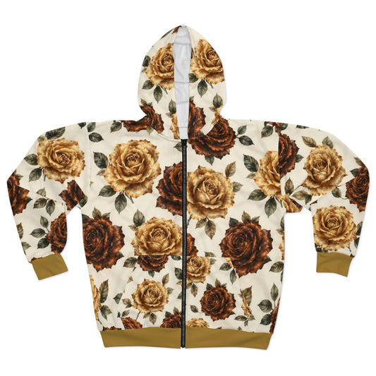 Brown Vintage Rose Zip Hoodie — Floral All-Over Print©