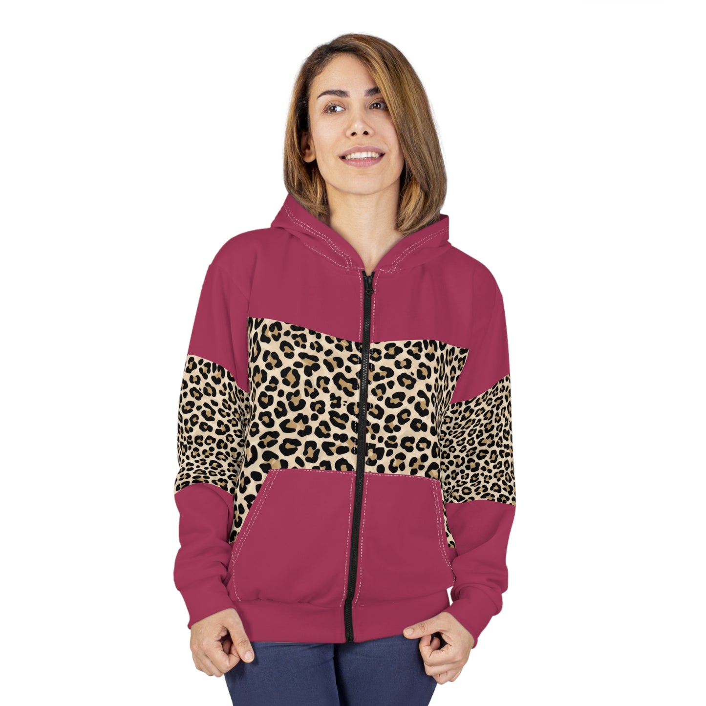 Leopard Accent Zip Hoodie — Pink Animal Print Streetwear©