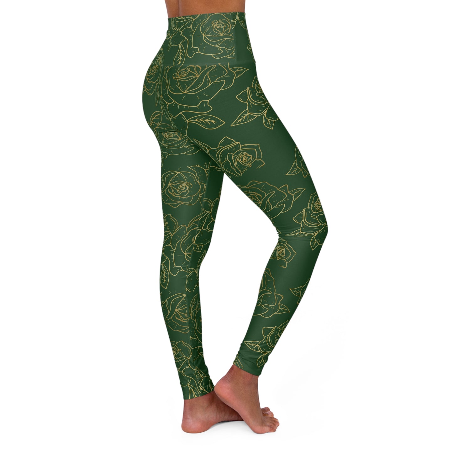 Green Floral High-Waist Yoga Leggings — Gold Rose Pattern AOP©