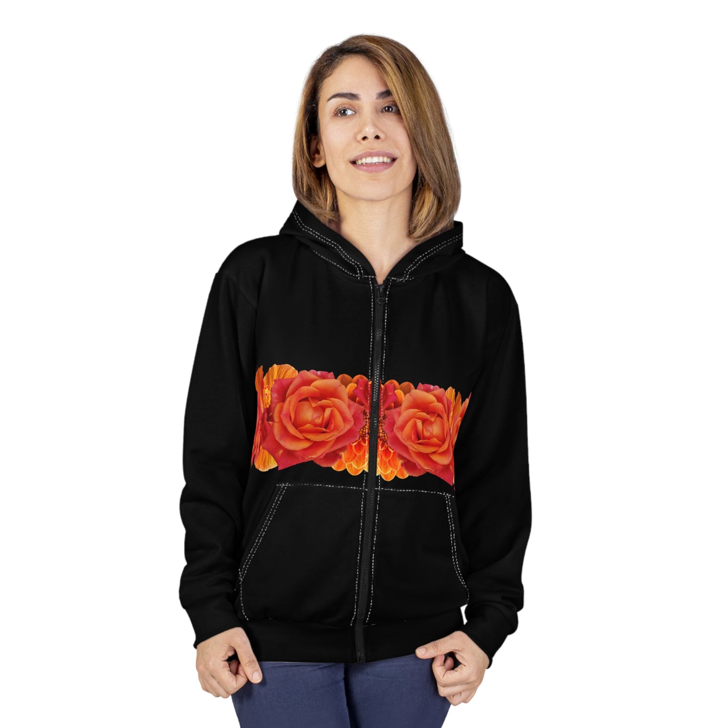Black Zip Hoodie with Orange Rose Floral Stripe – Floral Zip-Up Hoodie©
