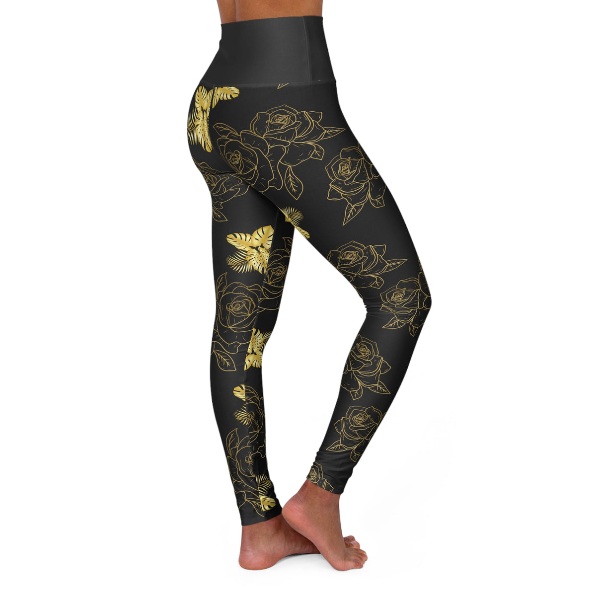 Gold Butterfly & Rose High-Waist Yoga Leggings — Floral Metallic Activewear©