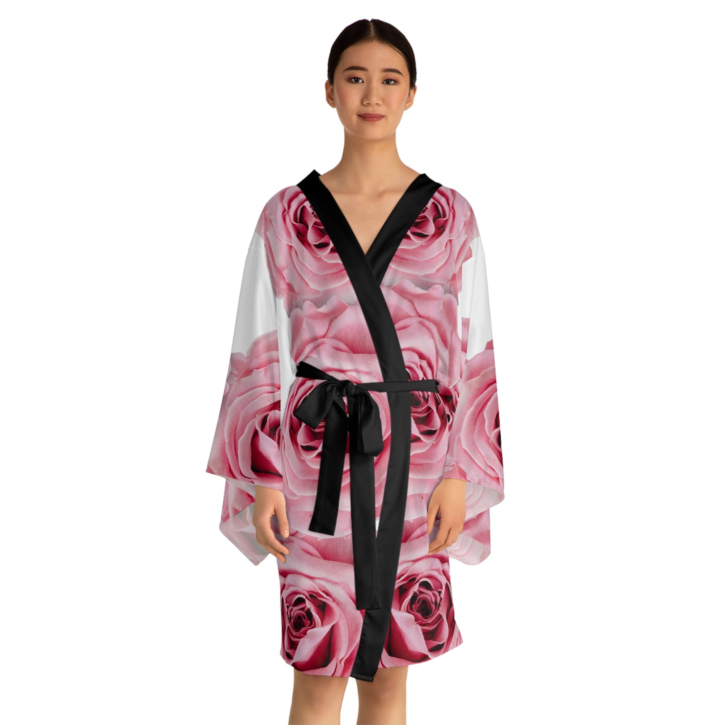 Pink Rose Kimono Robe — Floral Long Sleeve Lounge Wrap©