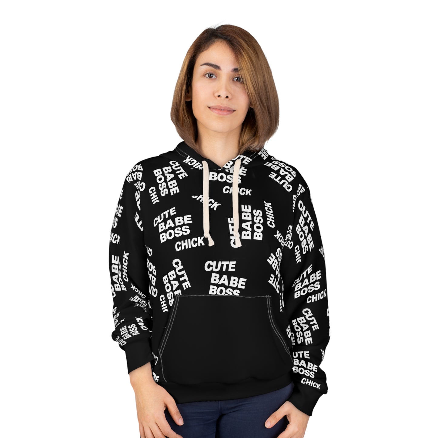 Cute Babe Boss Chick Hoodie — All-Over Print Black Pullover©