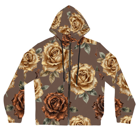 Floral Rose Zip Hoodie — Vintage Brown All-Over Print©