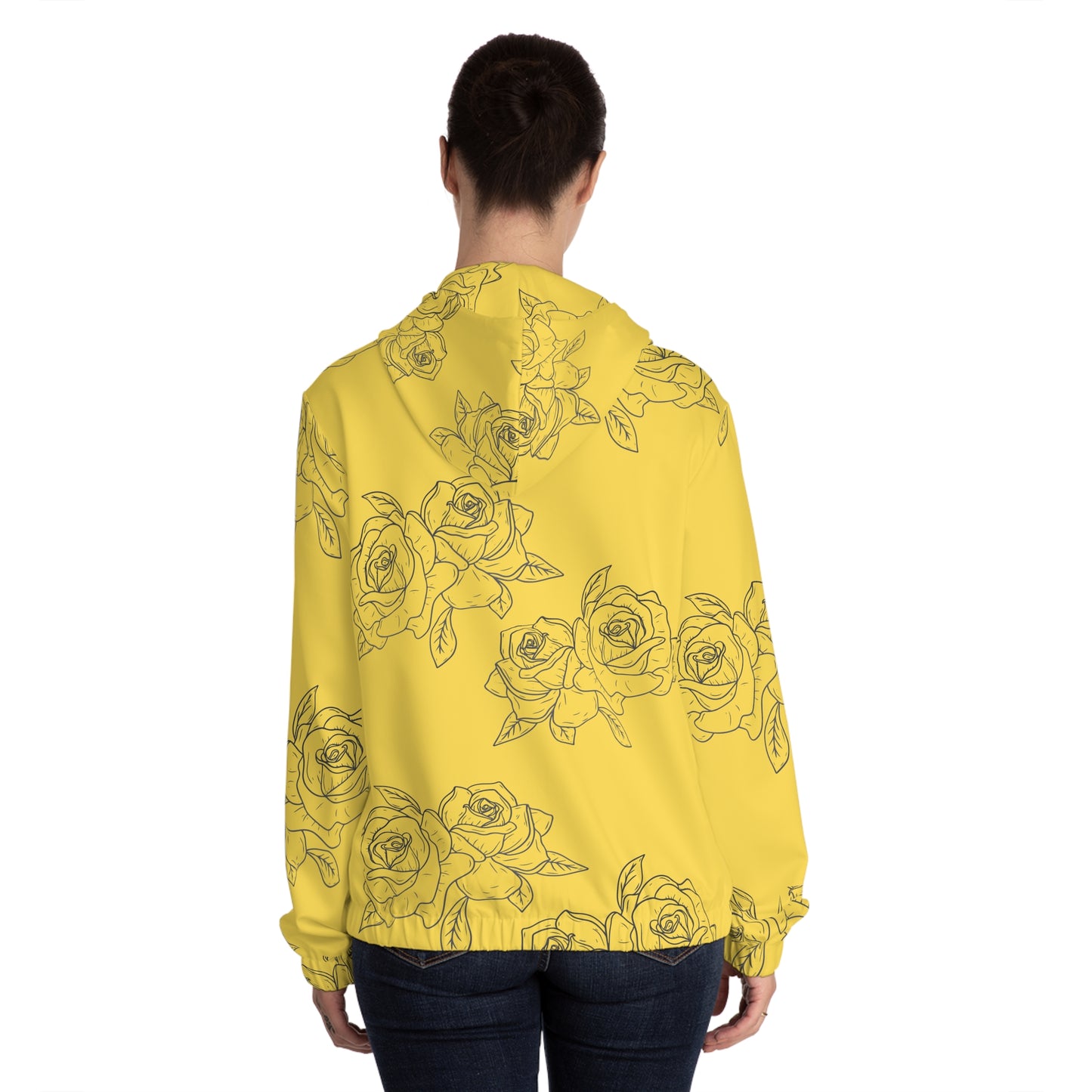 Yellow Rose Pattern Zip Hoodie — Floral All-Over Print Women's Jacket©