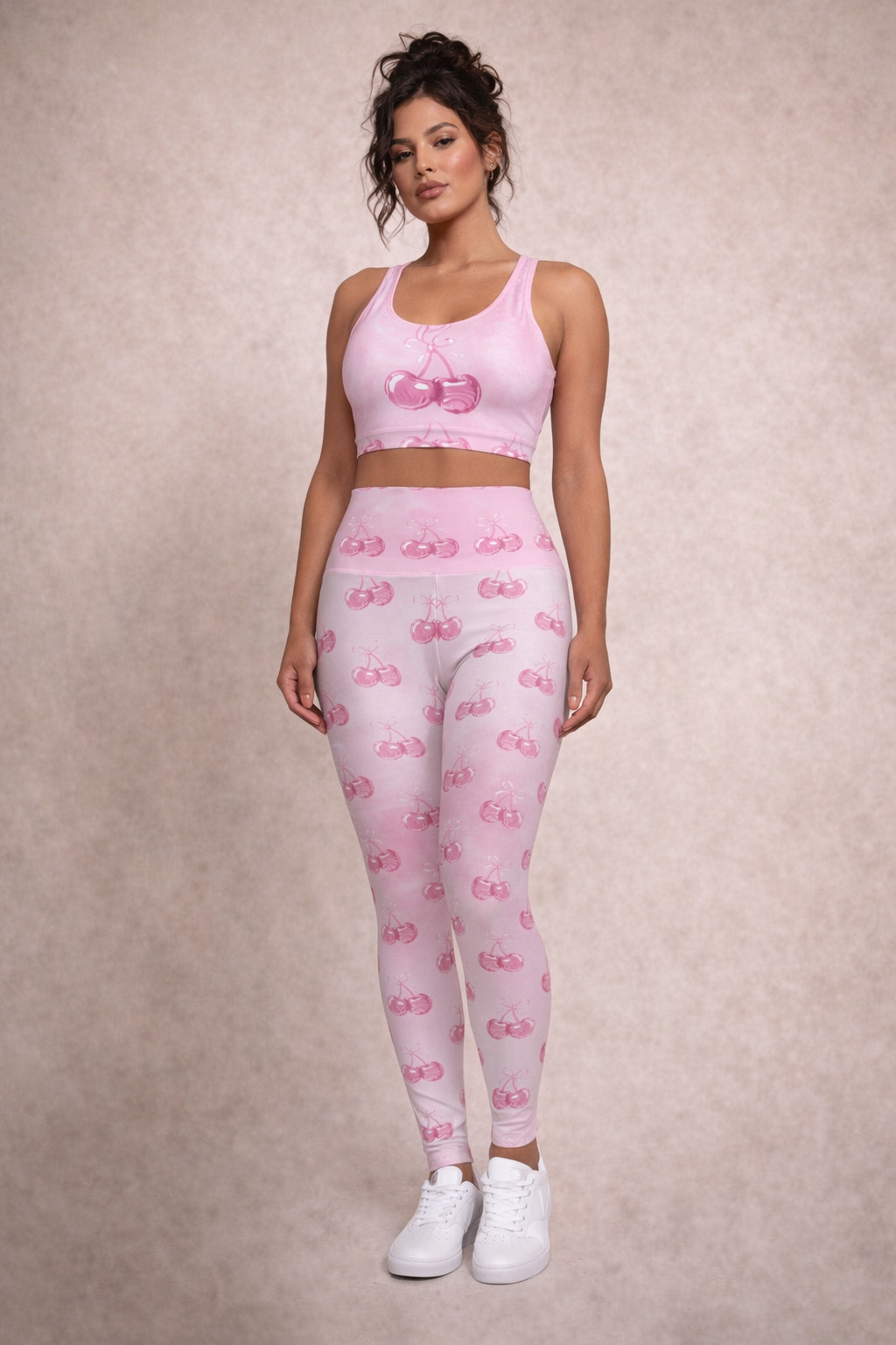 Pink Cherry Sports Bra — Cute Fruit Print Athletic Crop Top©