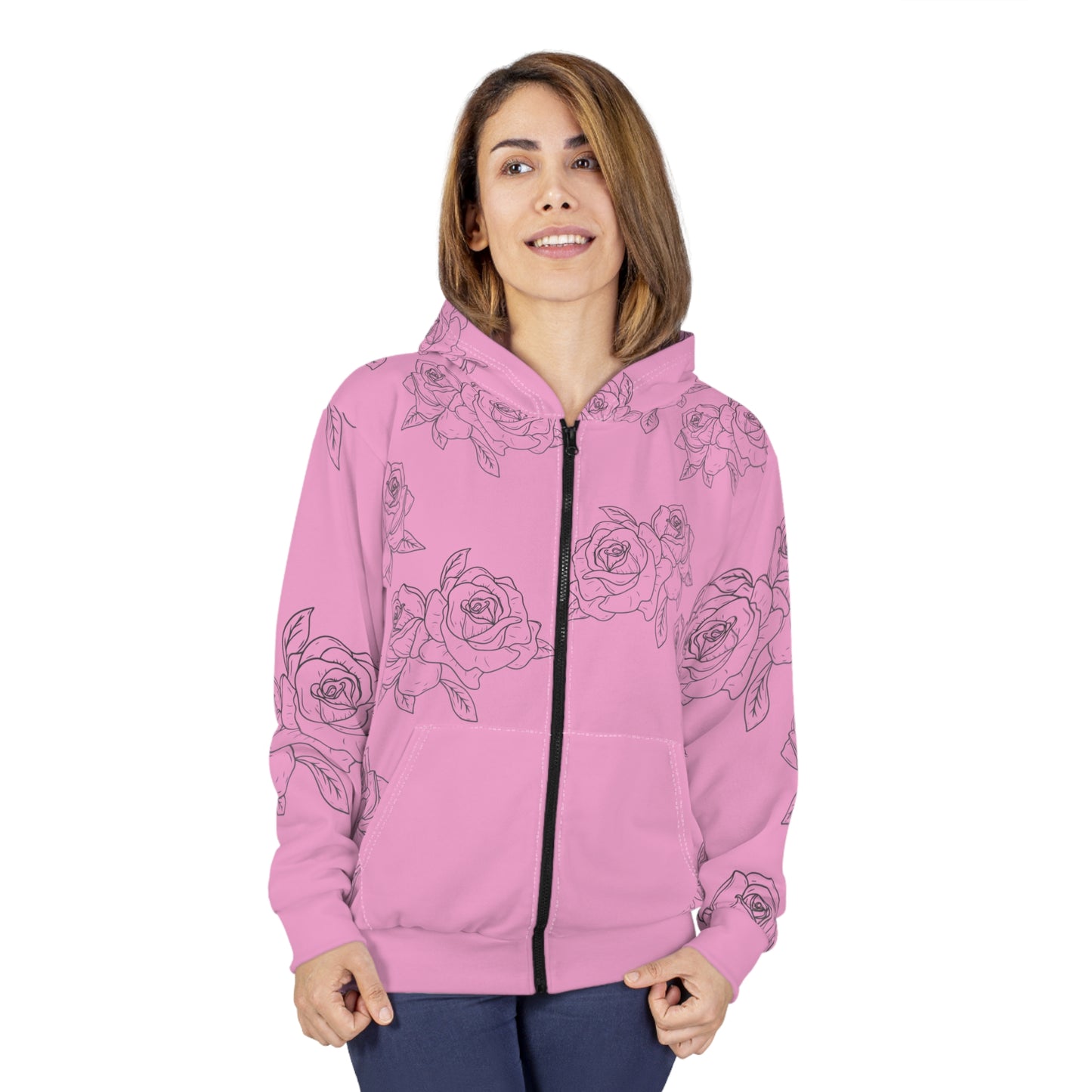 Pink Rose Sketch Zip Hoodie – Floral All-Over Print Hooded Jacket©
