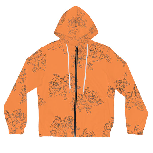 Orange Rose Sketch Zip-Up Hoodie — Floral Women's Full-Zip Jacket©