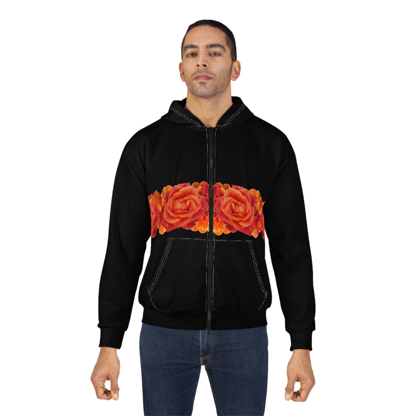 Black Zip Hoodie with Orange Rose Floral Stripe – Floral Zip-Up Hoodie