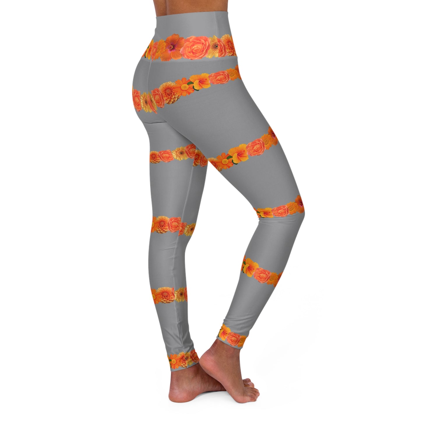 High-Waist Floral Stripe Yoga Leggings — Orange Rose Pattern©