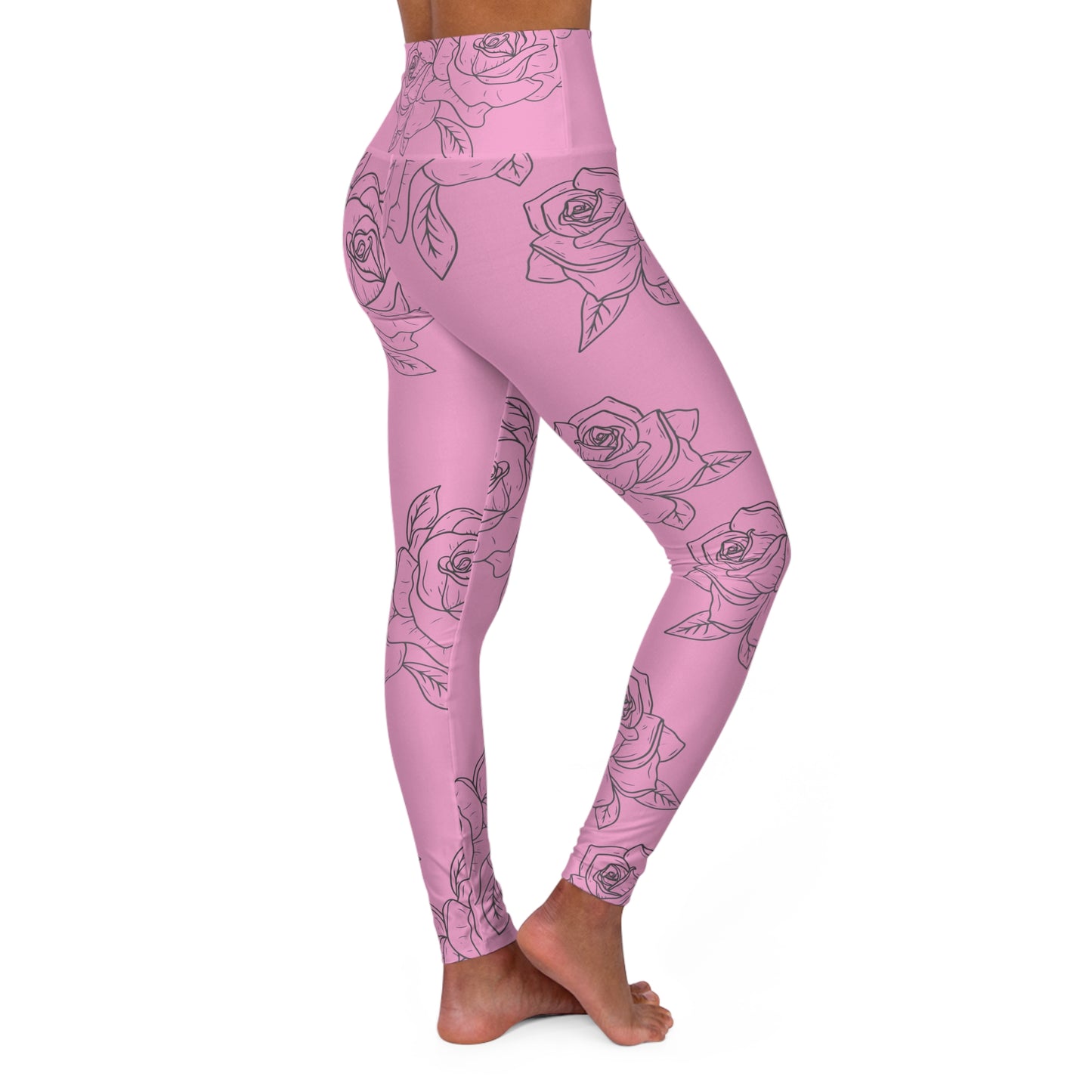 High-Waisted Pink Rose Yoga Leggings — Floral All-Over Print©