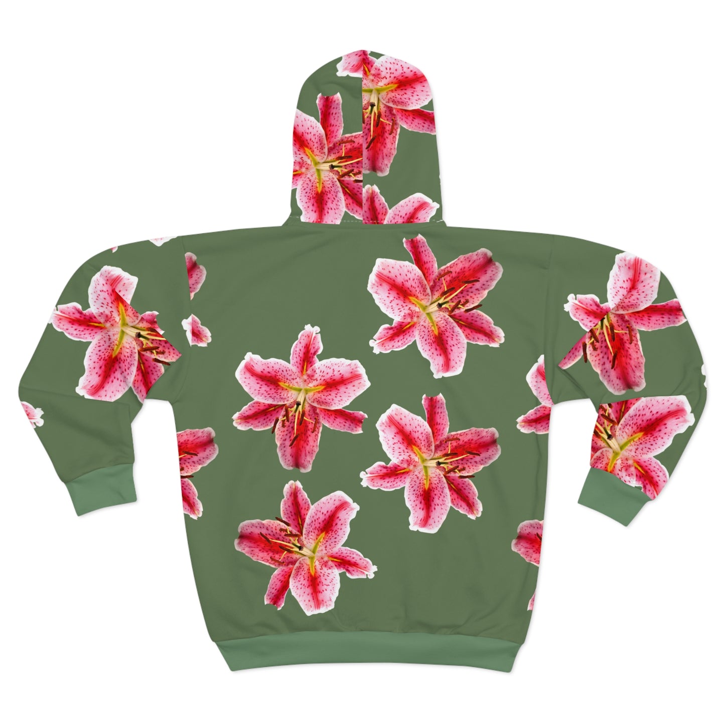 Green Zip Hoodie with Pink Stargazer Lily Print — Floral All-Over Zip-Up©