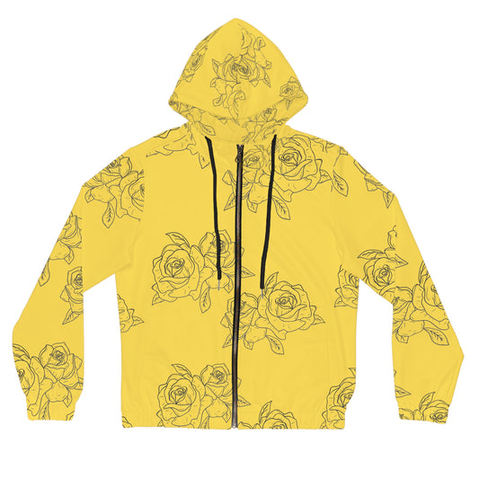 Yellow Rose Pattern Zip Hoodie — Floral All-Over Print Women's Jacket©