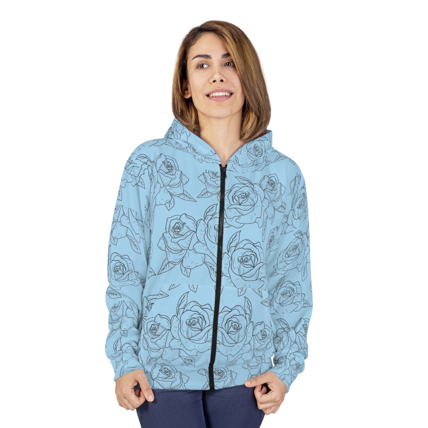 Light Blue Rose Pattern Zip Hoodie©