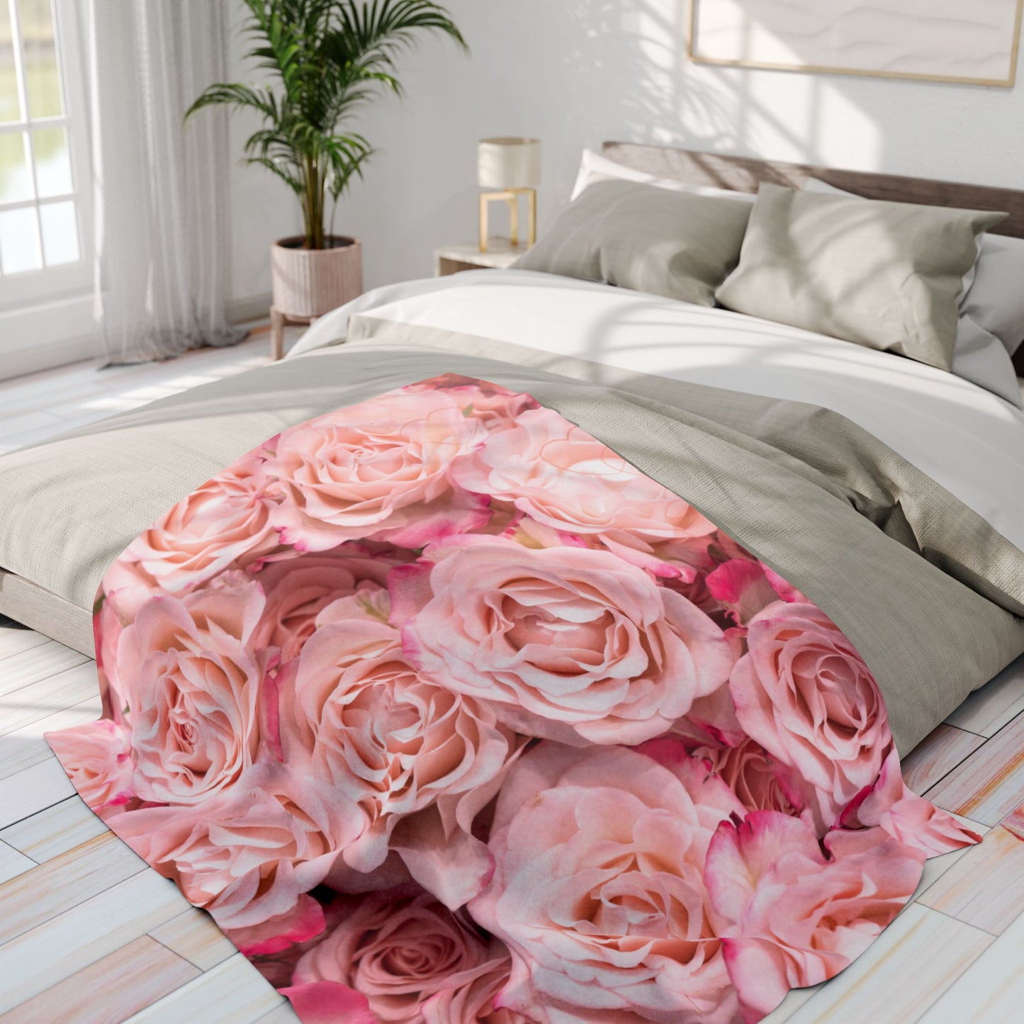 Pink Rose Floral Fleece Blanket — Soft Cozy Throw for Bedroom, Gift for Her