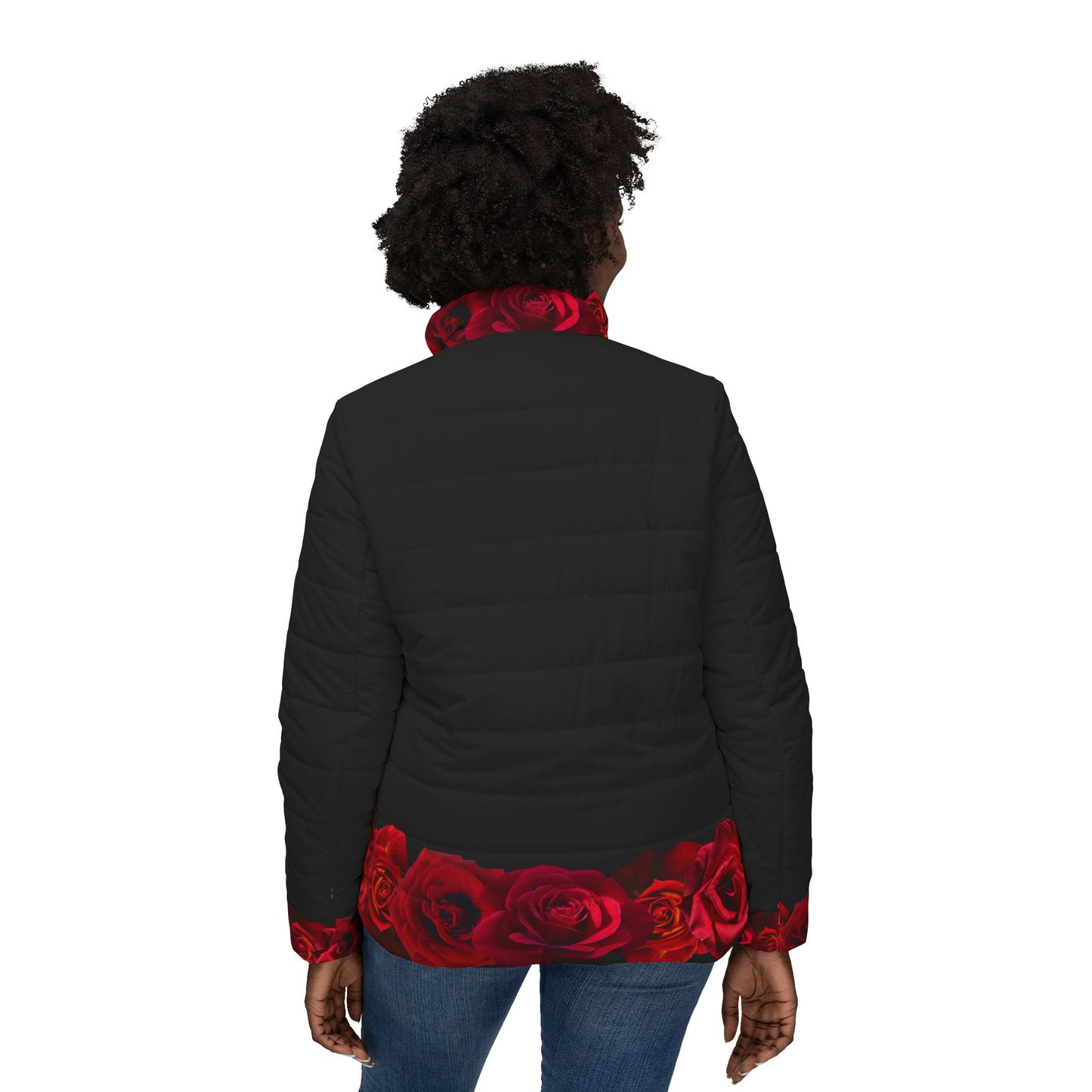 Women’s Rose Trim Puffer Jacket — Black Quilted Coat with Red Rose Border