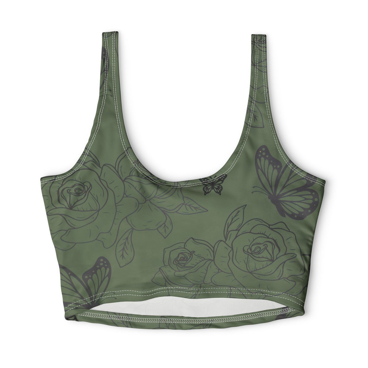 Green Rose & Butterfly Sports Bra — Floral All-Over Print Athletic Crop©