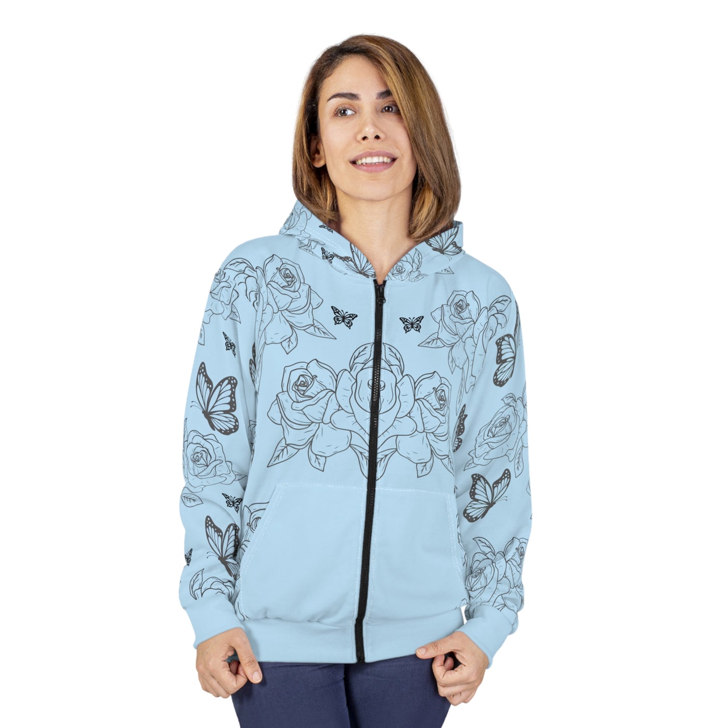 Light Blue Rose & Butterfly Zip Hoodie — Floral All-Over-Print©