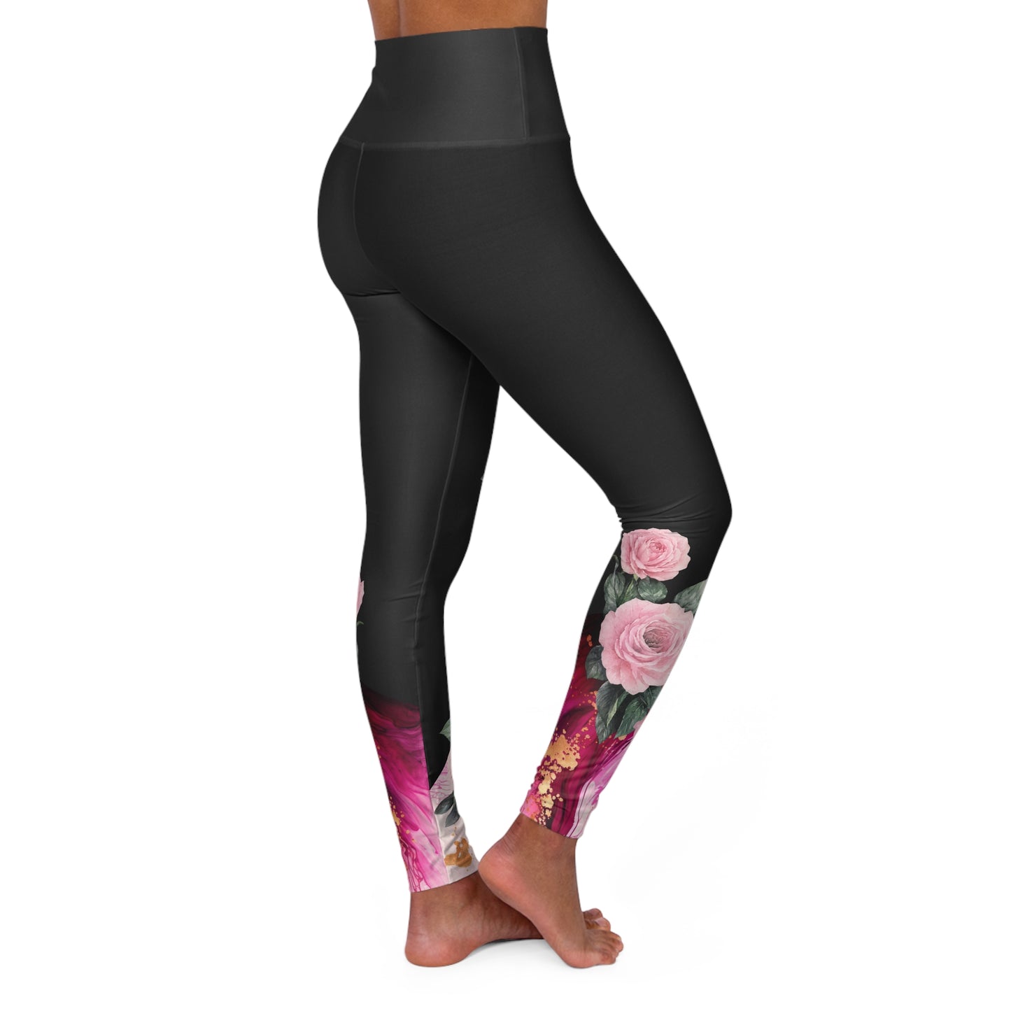 Floral High-Waisted Yoga Leggings — Pink Rose Black Ombre Activewear©
