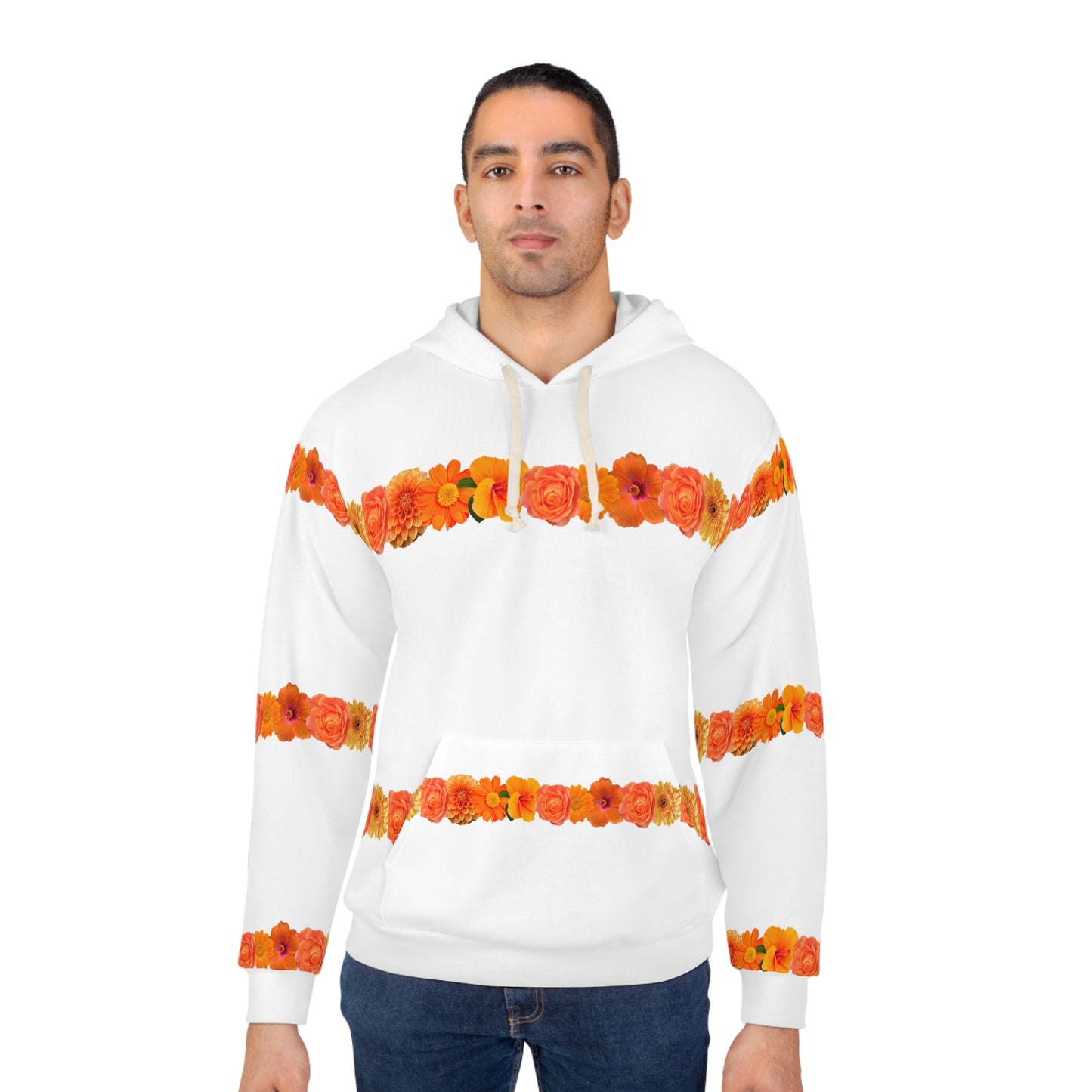 Floral Stripe Hoodie — Orange Marigold Pattern Pullover©