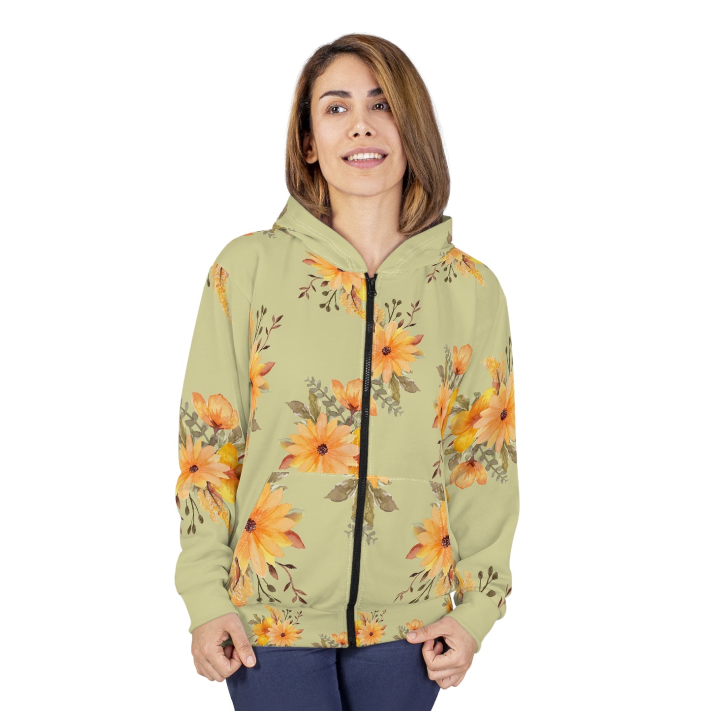 Sunflower Watercolour Zip Hoodie — Floral All-Over Print©
