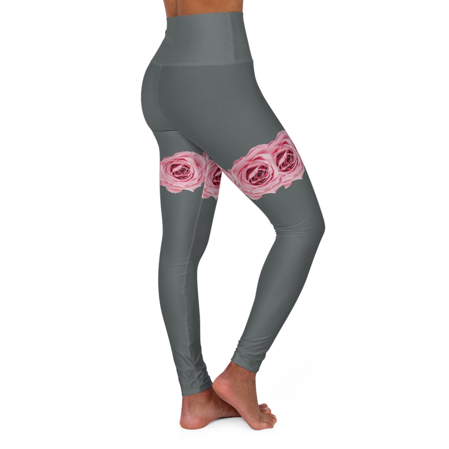 High-Waist Rose Band Yoga Leggings — Pink Floral Thigh Accent, Comfortable Activewear