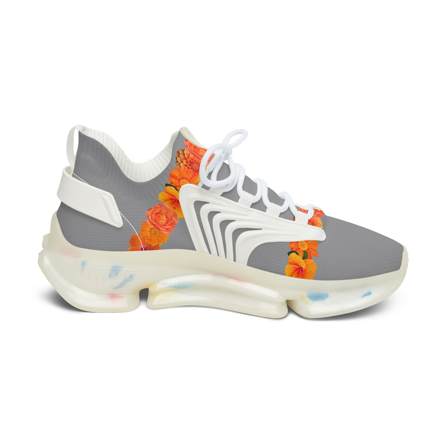 Women's Mesh Sneakers — Grey Athletic Shoes with Orange Floral Accent