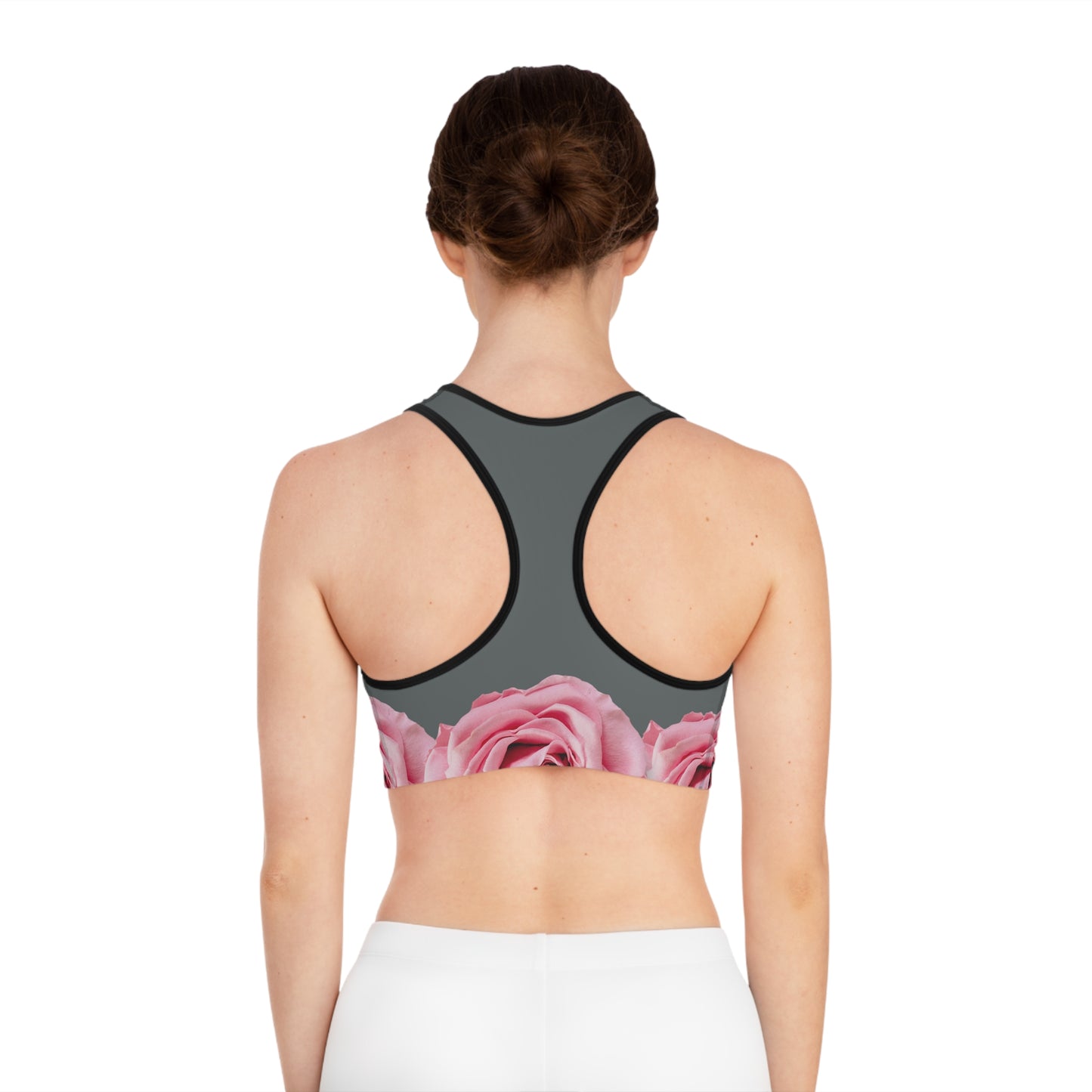 Pink Rose Floral Sports Bra — Gray Background Racerback Activewear