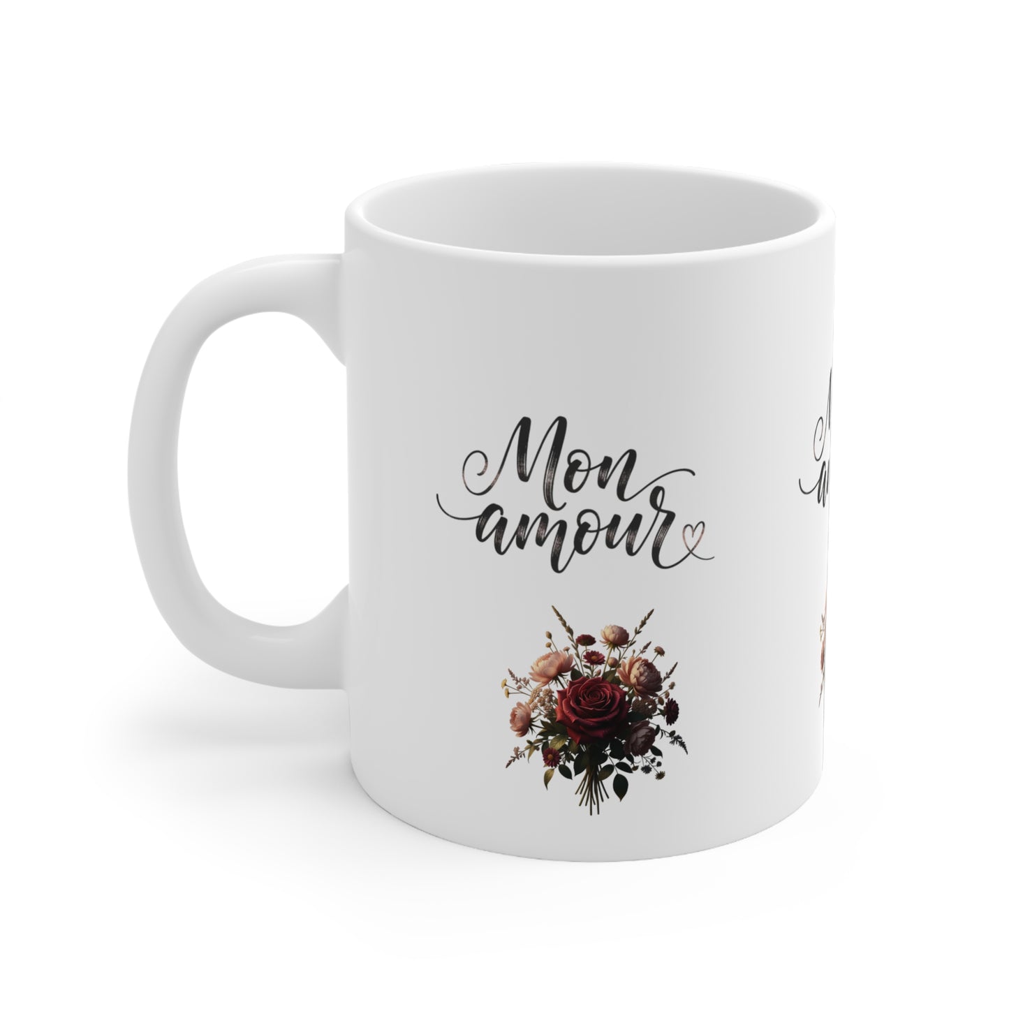 Mon Amour Floral Mug – Romantic French Script Coffee Cup, Valentine's Day Gift