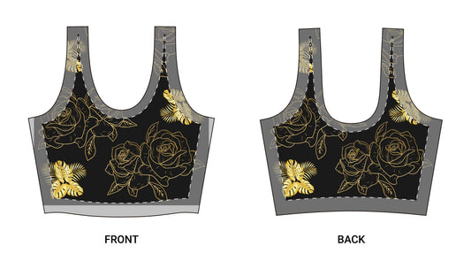 Gold Floral Sports Bra — Black & Metallic Rose Print Activewear©