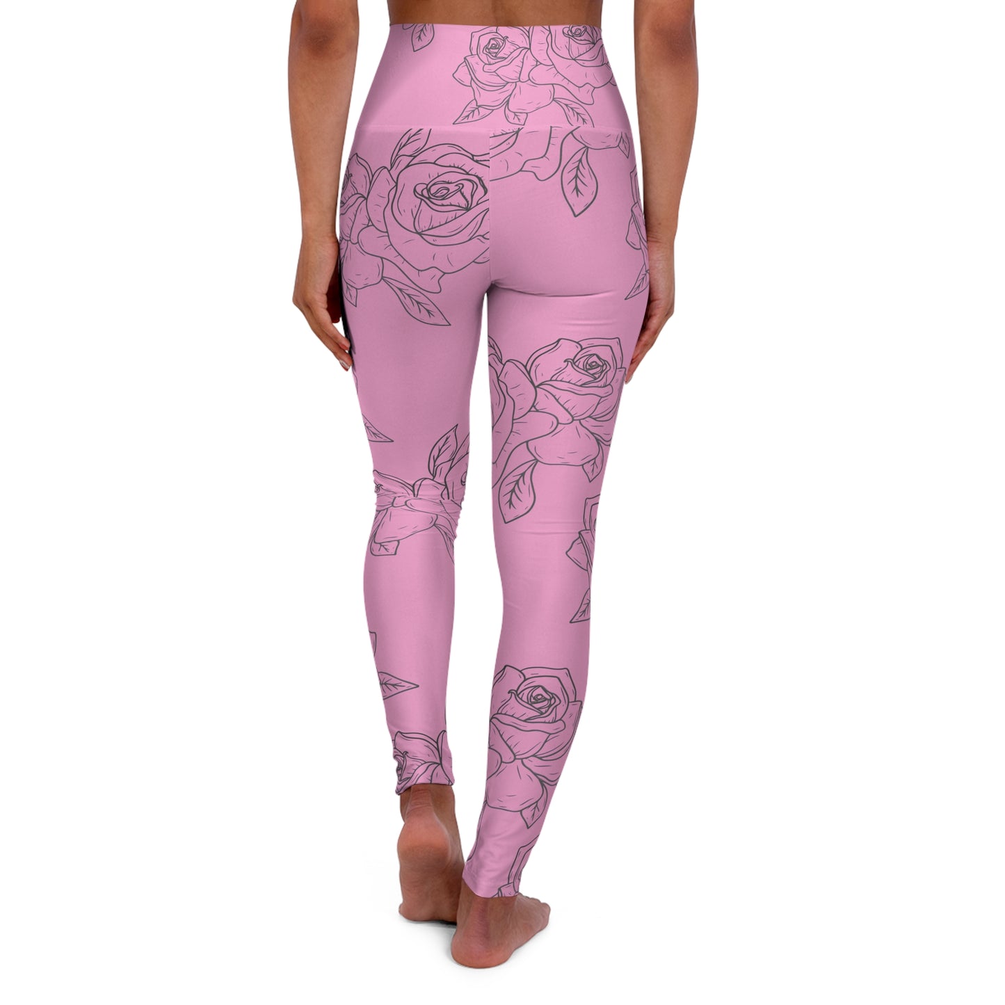 High-Waisted Pink Rose Yoga Leggings — Floral All-Over Print©