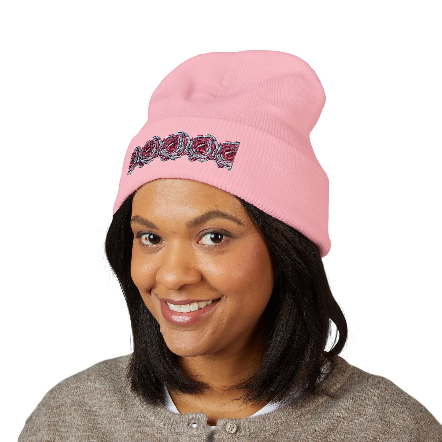 Embroidered Pink Rose Row Cuffed Beanie — Classic Floral Knit Hat©