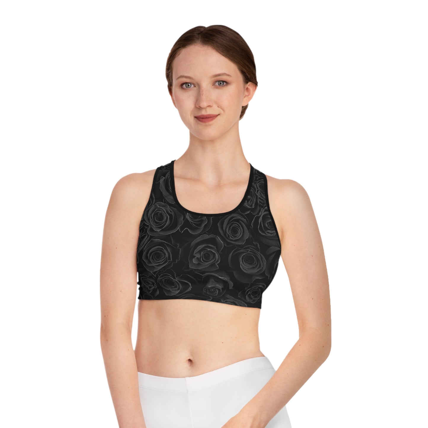 Black Rose Sports Bra — Floral All-Over-Print Racerback