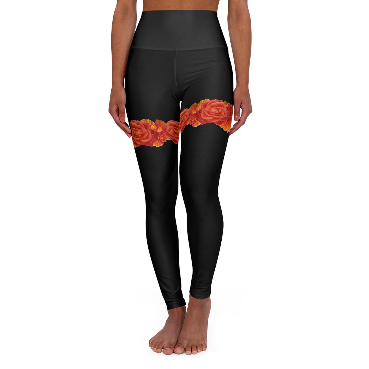 Black High-Waist Yoga Leggings with Orange Rose Thigh Band — Floral Activewear