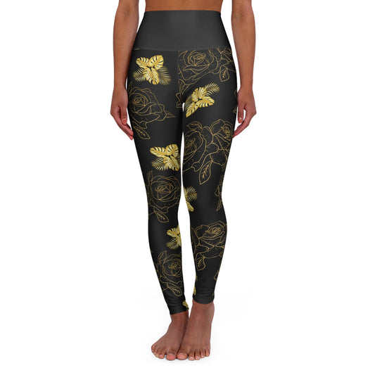Gold Butterfly & Rose High-Waist Yoga Leggings — Floral Metallic Activewear©