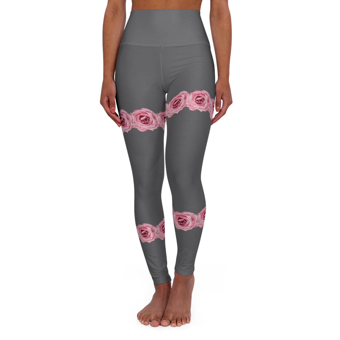 High-Waist Rose Band Yoga Leggings — Pink Floral Thigh Accent, Comfortable Activewear©