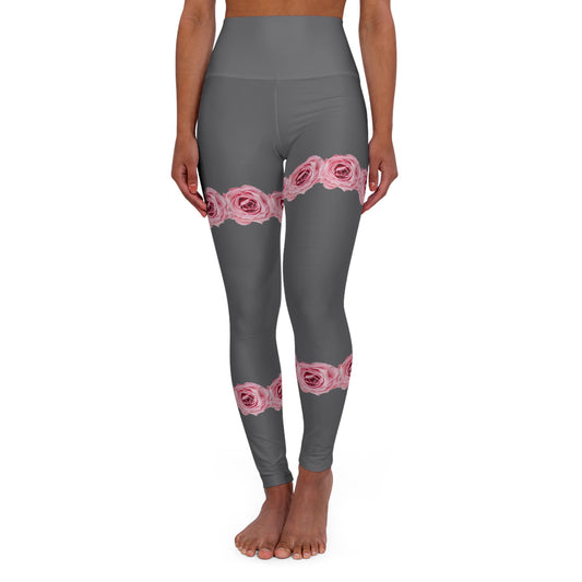 High-Waist Rose Band Yoga Leggings — Pink Floral Thigh Accent, Comfortable Activewear©