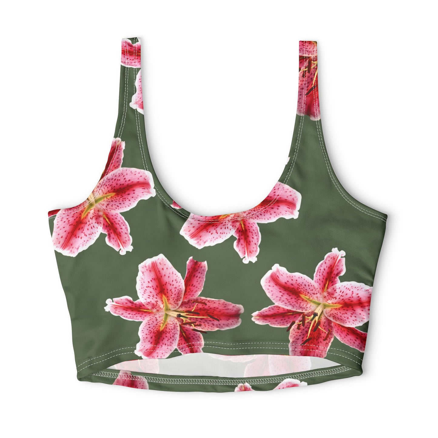 Floral Stargazer Sports Bra — Pink Lily All-Over Print on Olive©