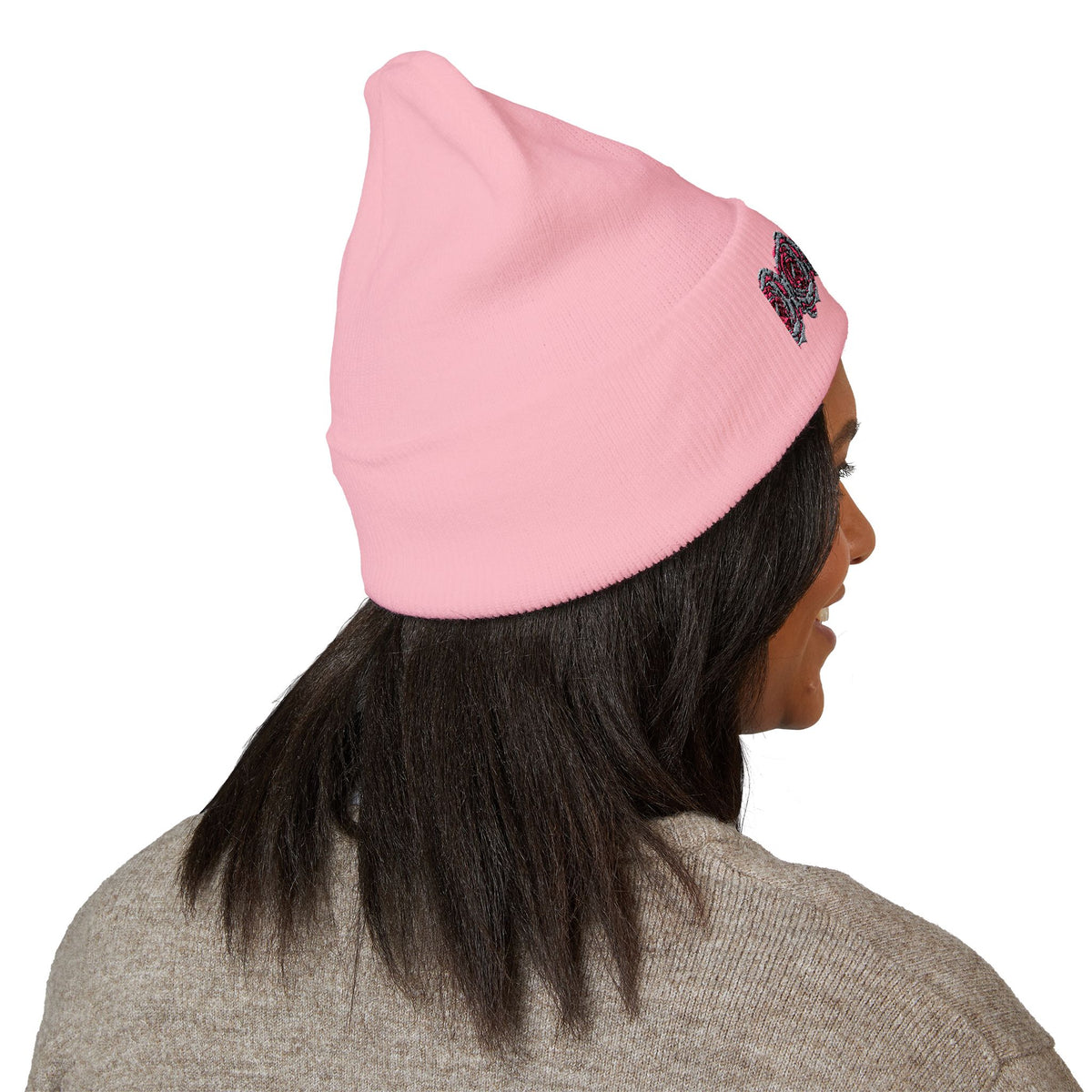 Embroidered Pink Rose Row Cuffed Beanie — Classic Floral Knit Hat©
