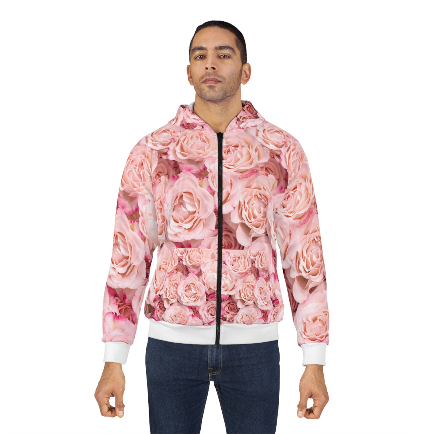 Pink Rose All-Over Print Zip Hoodie — Floral Romantic Jacket©